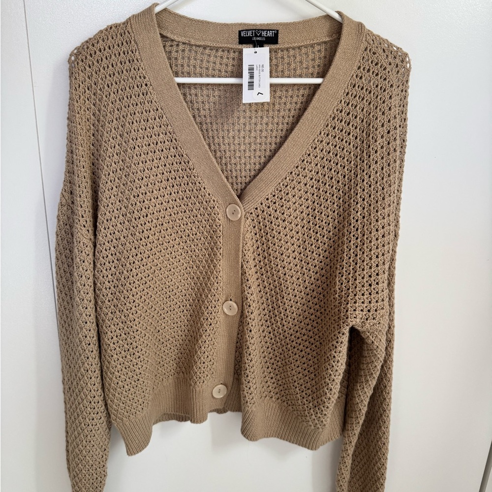 Tan Open-Knit Cardigan with Cropped Length